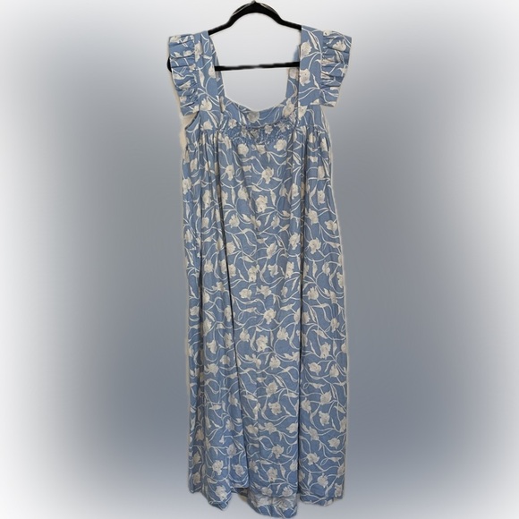 A New Day Blue & White Floral Linen Blend Paper Sack Maxi Dress w/ ruffles; L - Picture 3 of 14